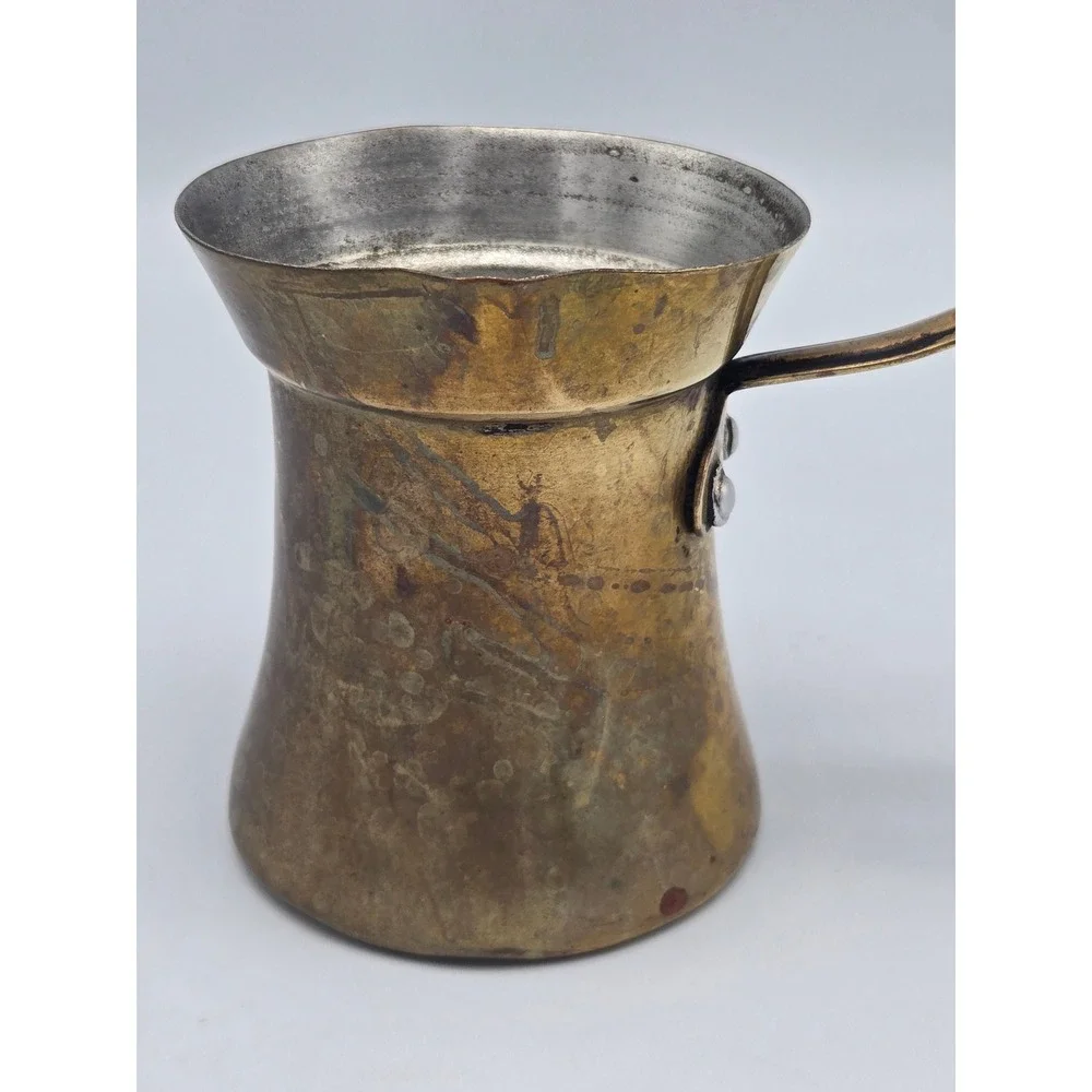 Vintage Brass Turkish Coffee Pot Ibrik Tin-Lined Brass Handle Deep Patina Rustic